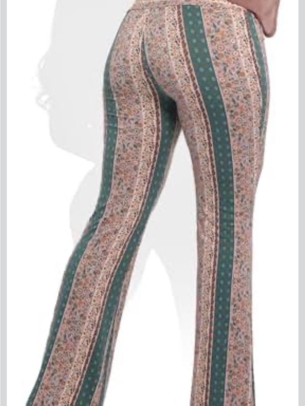 shosho Teal and Beige Striped Floral Flare Pants - Picture 3 of 7
